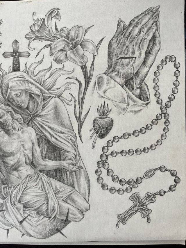 Graphite flash sheet — pietà with lilies and a cross, praying hands, a sacred heart and rosary beads.