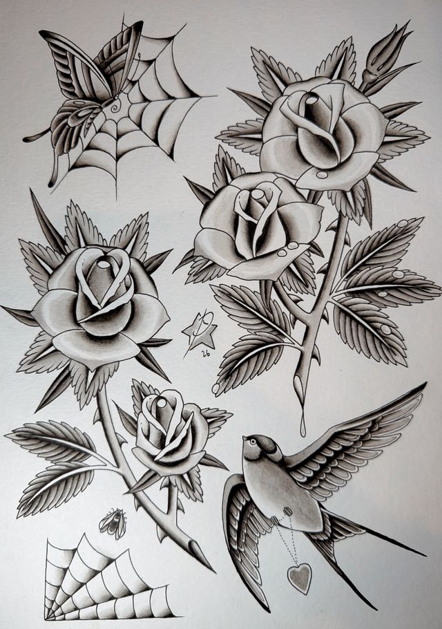 Bold flash sheet — roses, spiderwebs, a swallow and a heart pendant.