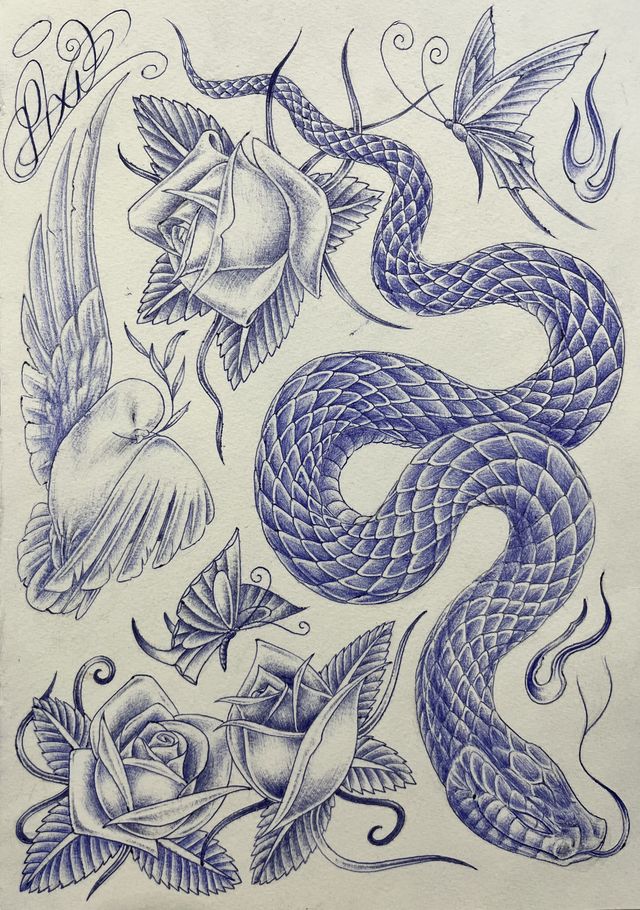Blue ballpoint flash sheet — a large coiled snake among roses, a dove, butterflies and flames.