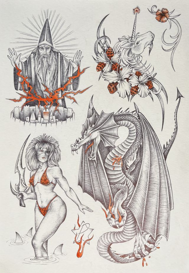 Flash sheet with red accents — a wizard casting lightning, a unicorn skull with hibiscus flowers, a dragon and a warrior woman.
