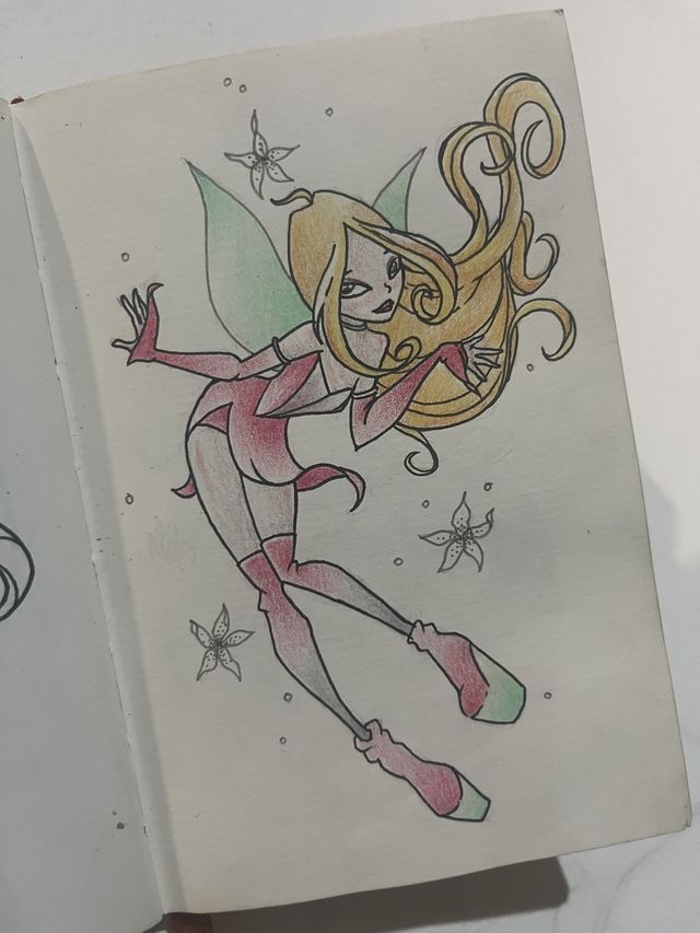 Coloured pencil sketch of a fairy with green wings and pink boots.
