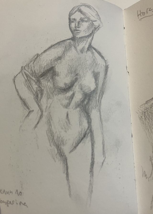 Graphite life-drawing figure study.