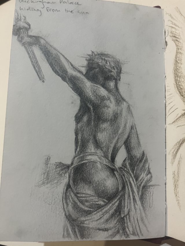 Graphite study of a torch-bearing statue, drawn from behind.