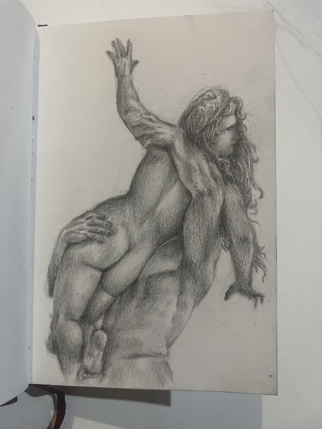 Graphite study of a classical sculpture of two figures.