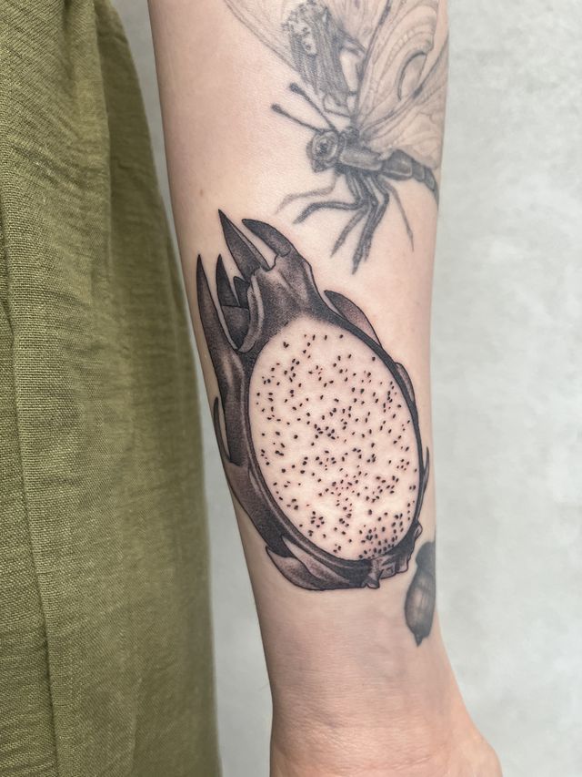 Halved dragonfruit with an insect hovering above, black and grey on a forearm.
