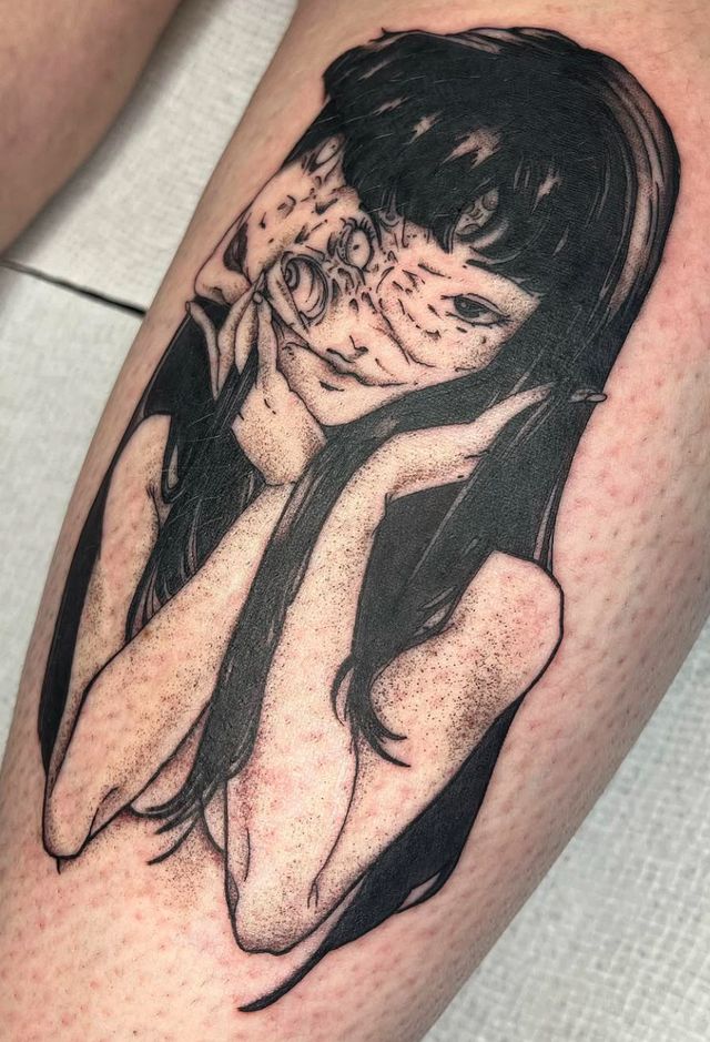 Bold illustrative portrait of a dark-haired girl with her hands at her face, on a calf.