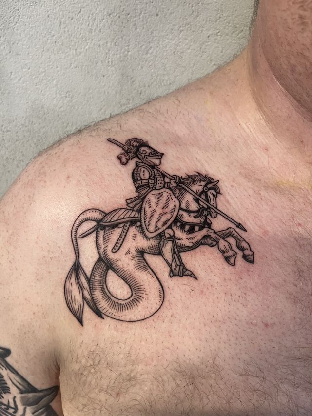 Fine line knight with a lance riding a serpent-tailed horse, on a shoulder.