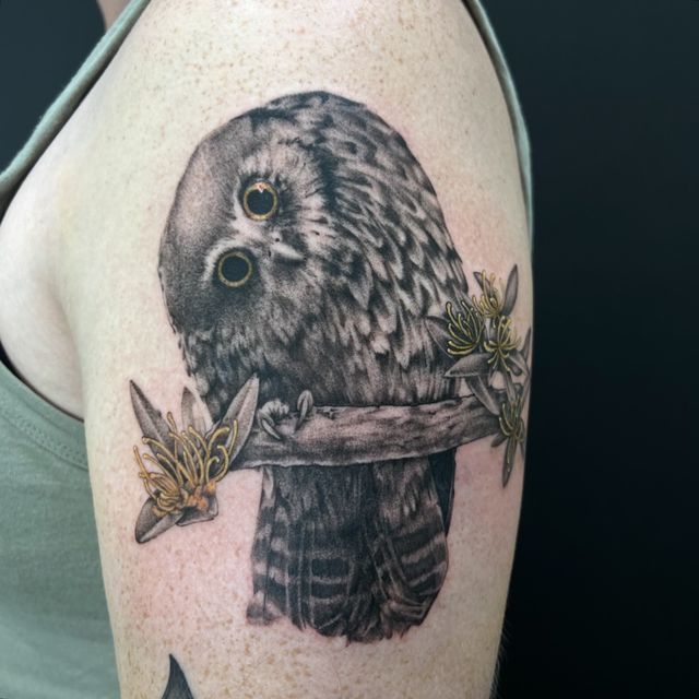 Black and grey owl perched on a branch flanked by two moths, on an upper arm.